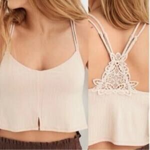 AERIE American Eagle Crochet Racer Back Ribbed Cropped Top/ Bralette Tan Med